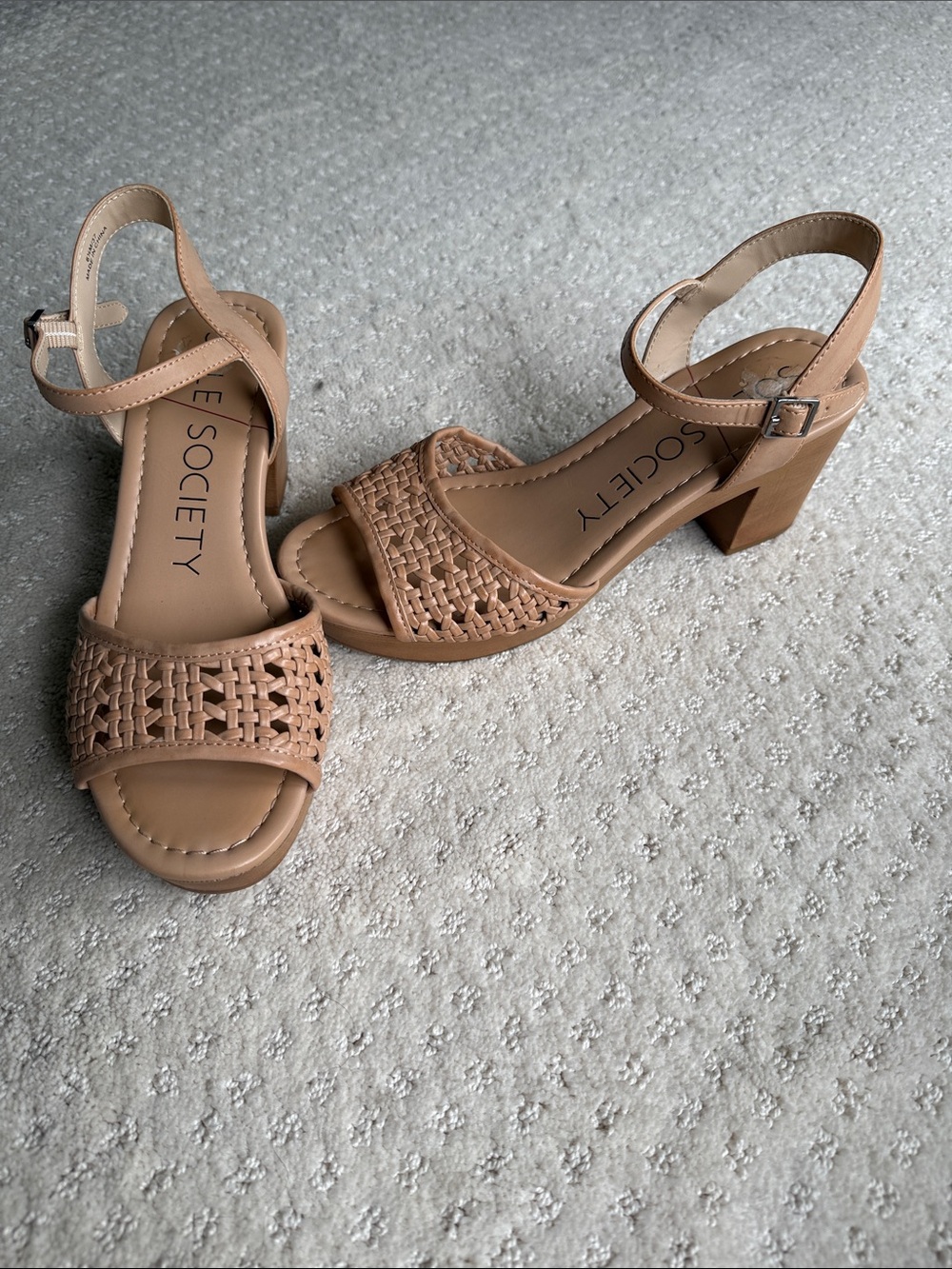 Sole Society Woven Tan Block Heel Sandals